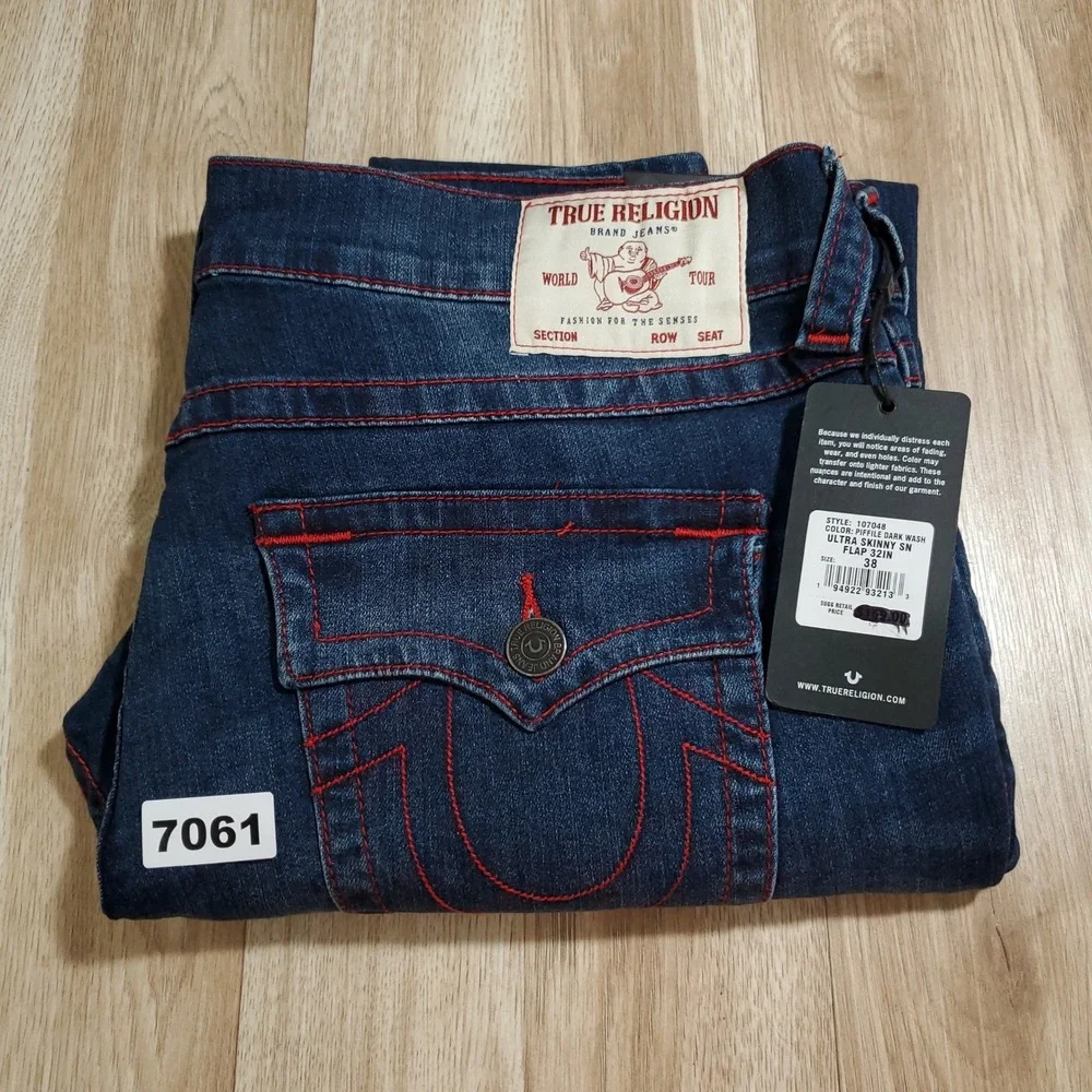 True Religion Ultra Skinny Blue Indigo Jeans Red Contrast Stitch W38 L32 NEW